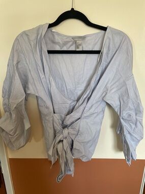H&M Pale Blue Striped Tie-Front Women's Blouse